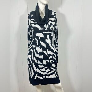 Calvin Klein Womens Cowl Neck Sz M Black White Sweater Dress Long Sleeve